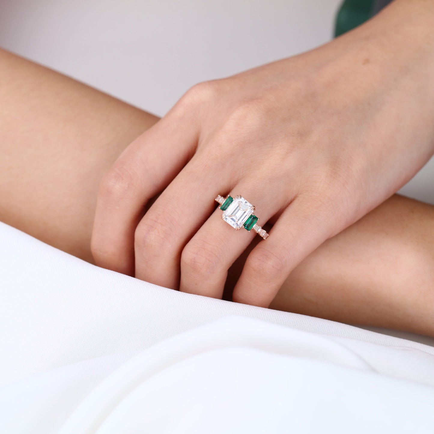 Emerald Cut Moissanite Engagement Ring Side Stone Bridal Ring