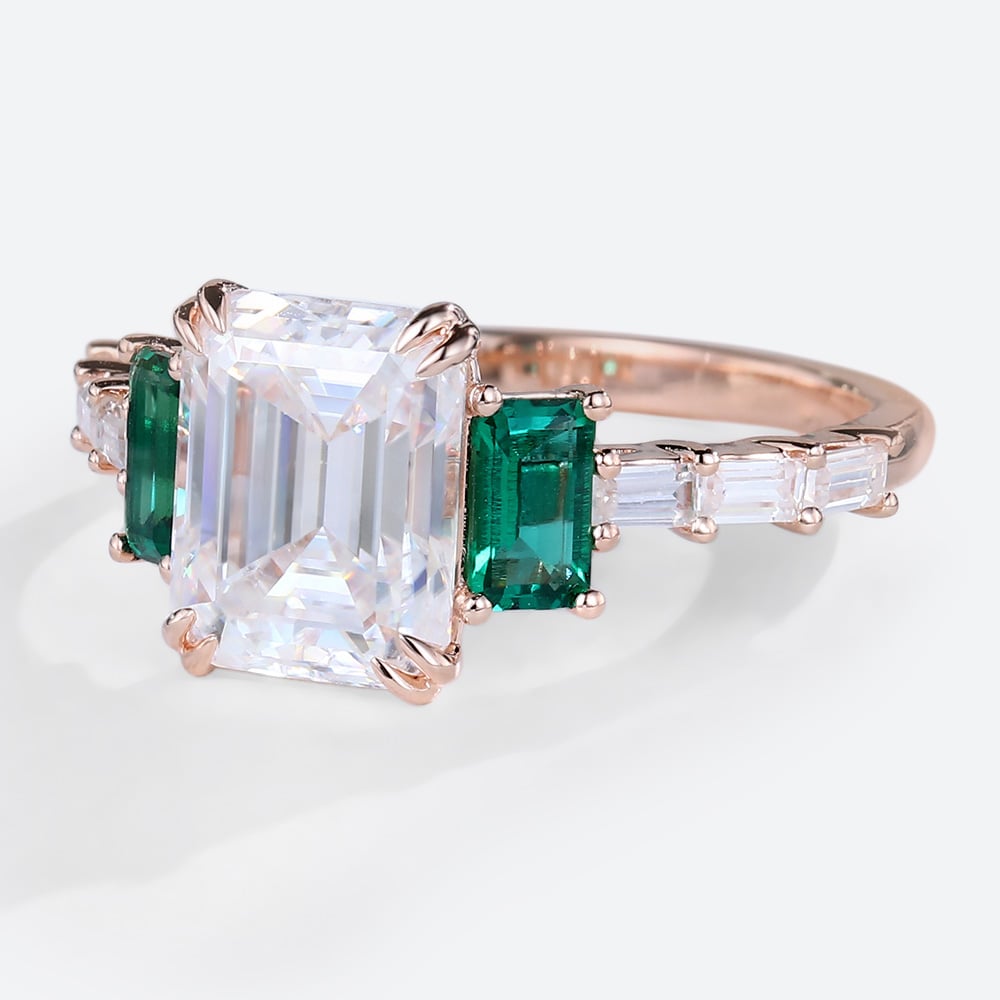 Emerald Cut Moissanite Engagement Ring Side Stone Bridal Ring