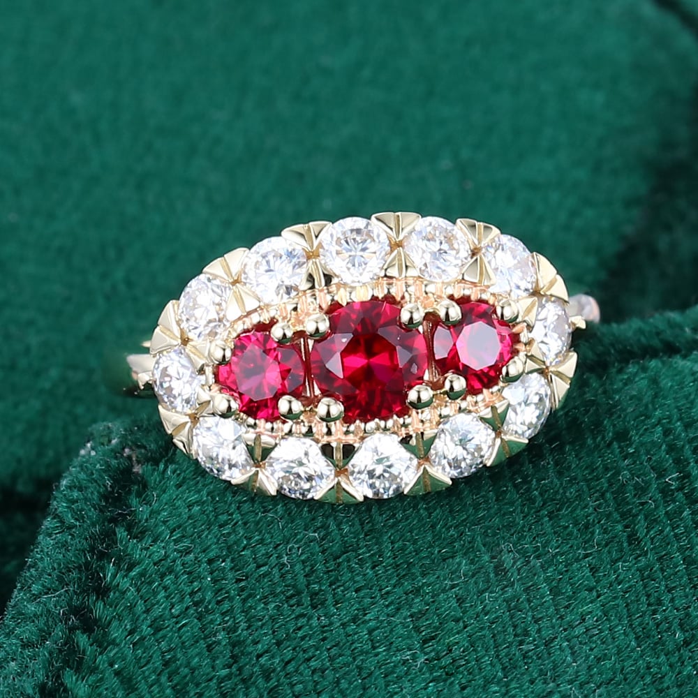 Unique Ruby and Moissanite Cluster Ring Victorian Style Evil Eye Ring
