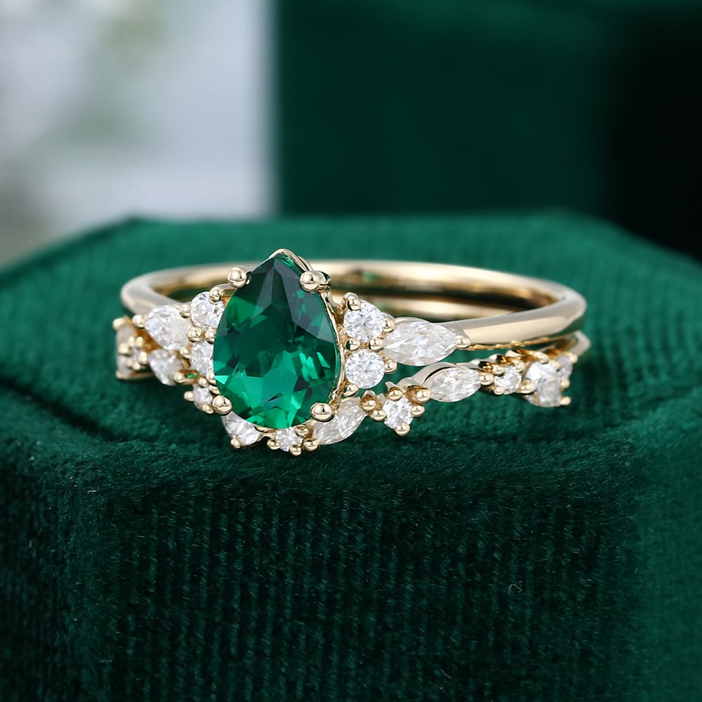 Pear Shaped Lab Emerald Engagement Ring Unique Bridal Wedding Set