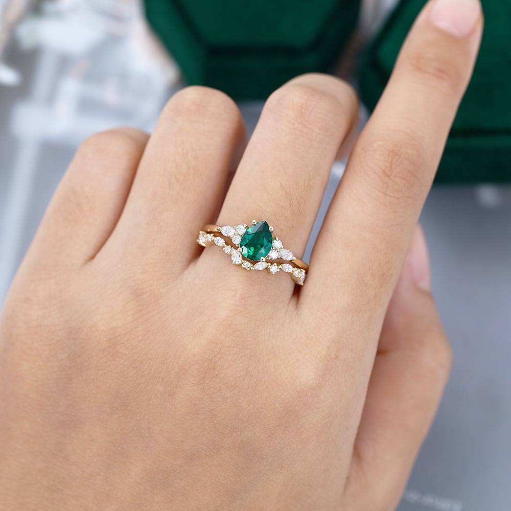 Pear Shaped Lab Emerald Engagement Ring Unique Bridal Wedding Set