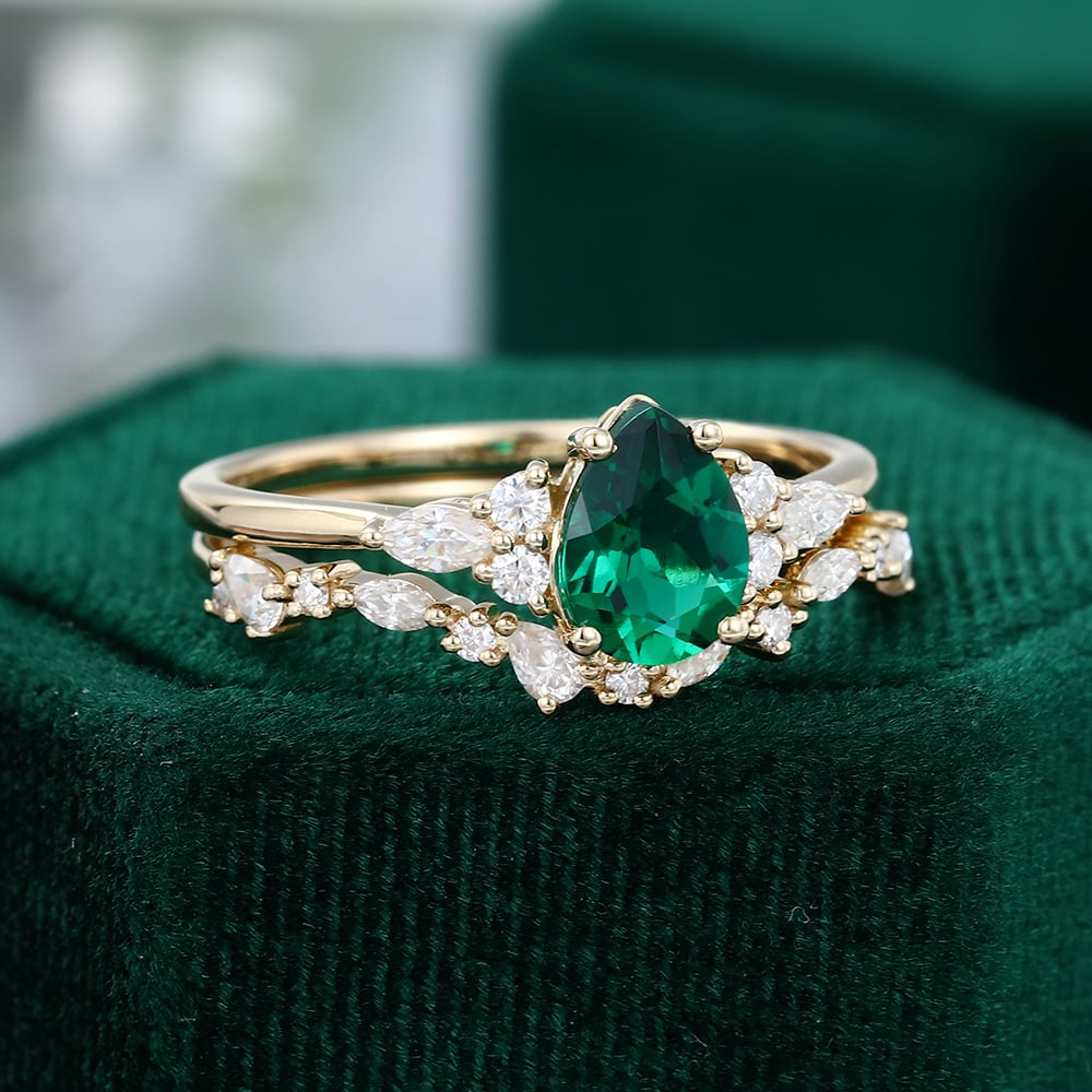 Pear Shaped Lab Emerald Engagement Ring Unique Bridal Wedding Set