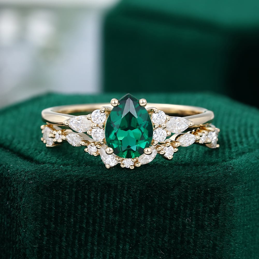 Pear Shaped Lab Emerald Engagement Ring Unique Bridal Wedding Set
