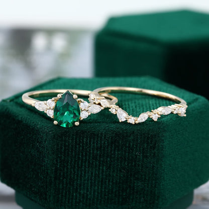 Pear Shaped Lab Emerald Engagement Ring Unique Bridal Wedding Set