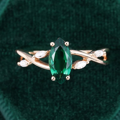 Marquise Cut Emerald Vintage Engagement Ring Split Shank