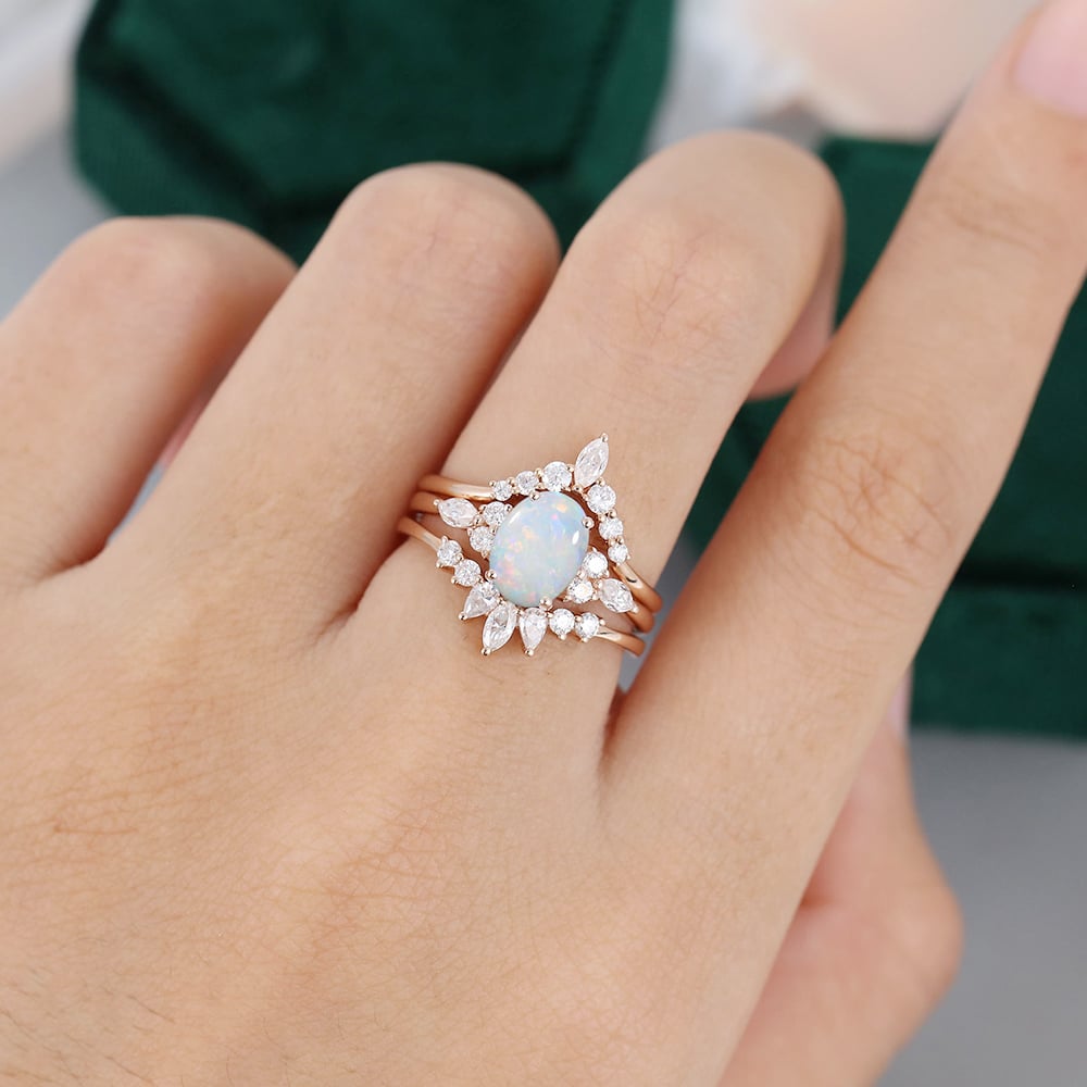 3 Pieces Oval Cut Opal and Diamond Engagement Ring Set