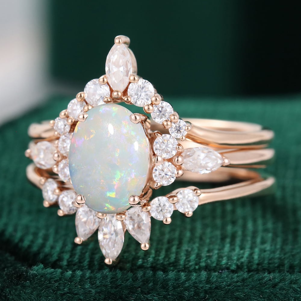 3 Pieces Oval Cut Opal and Diamond Engagement Ring Set