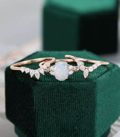 3 Pieces Oval Cut Opal and Diamond Engagement Ring Set