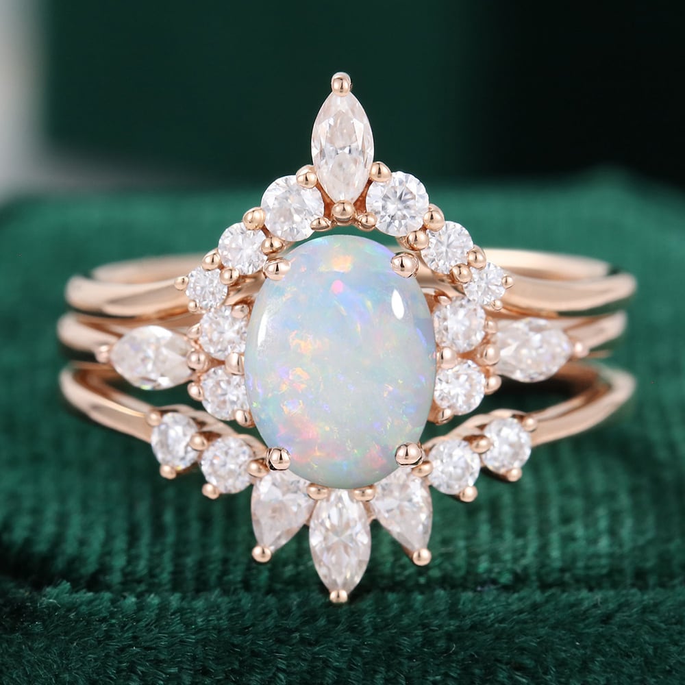 3 Pieces Oval Cut Opal and Diamond Engagement Ring Set