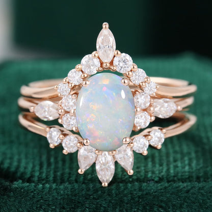 3 Pieces Oval Cut Opal and Diamond Engagement Ring Set