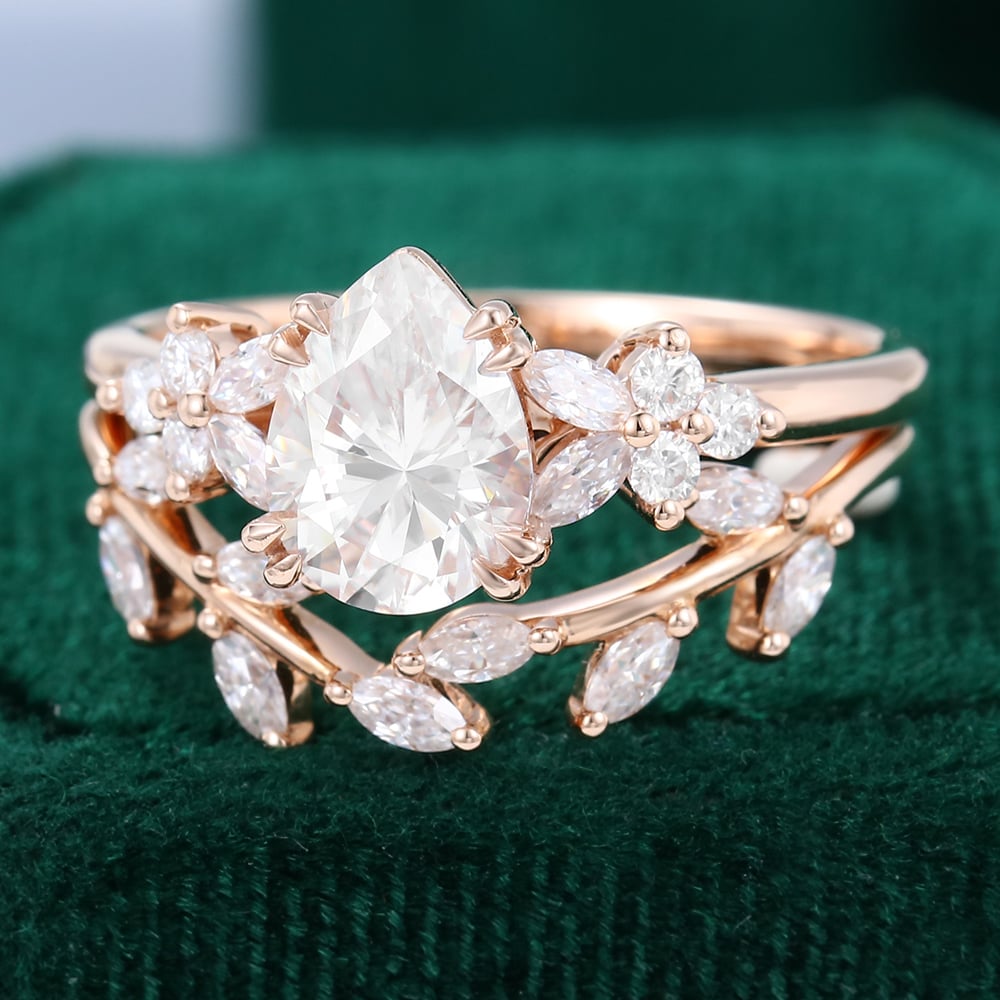Pear Cut Moissanite Engagement Ring Set Nature Inspired Bridal Set