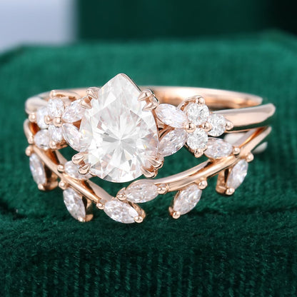 Pear Cut Moissanite Engagement Ring Set Nature Inspired Bridal Set