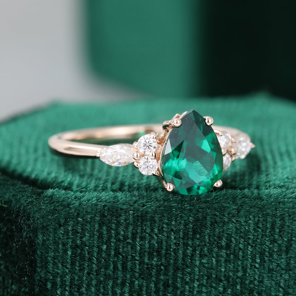 Pear Cut Emerald Engagement Ring Classic Side Stone Ring