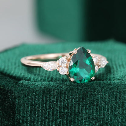 Pear Cut Emerald Engagement Ring Classic Side Stone Ring