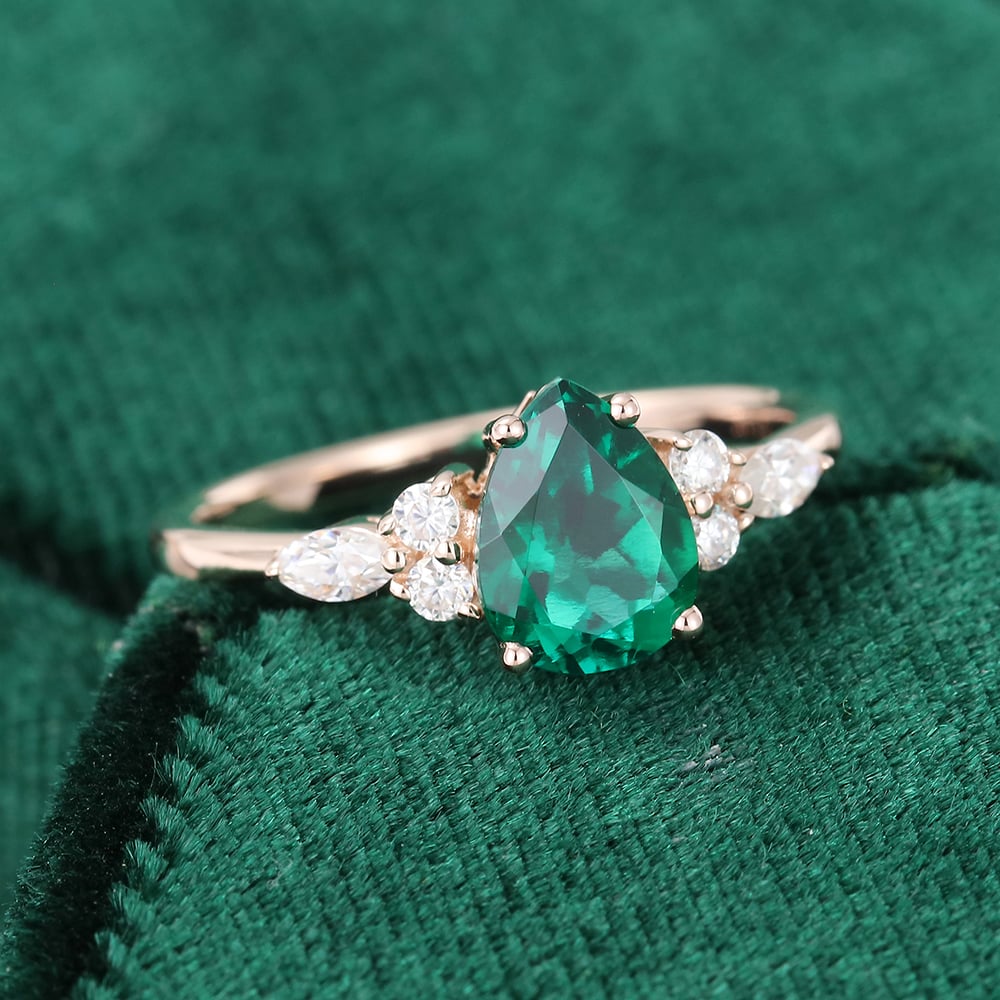 Pear Cut Emerald Engagement Ring Classic Side Stone Ring