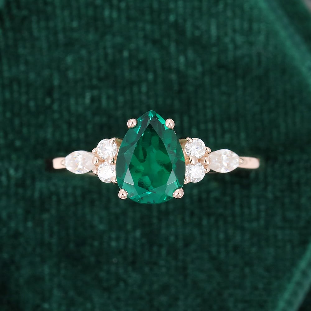 Pear Cut Emerald Engagement Ring Classic Side Stone Ring