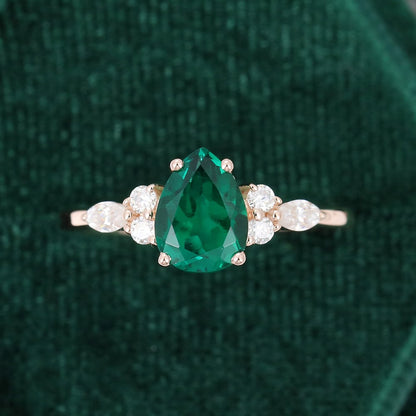 Pear Cut Emerald Engagement Ring Classic Side Stone Ring
