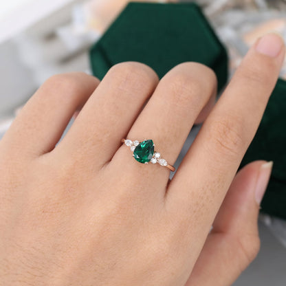 Pear Cut Emerald Engagement Ring Classic Side Stone Ring