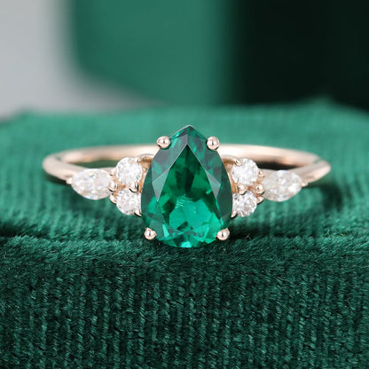 Pear Cut Emerald Engagement Ring Classic Side Stone Ring
