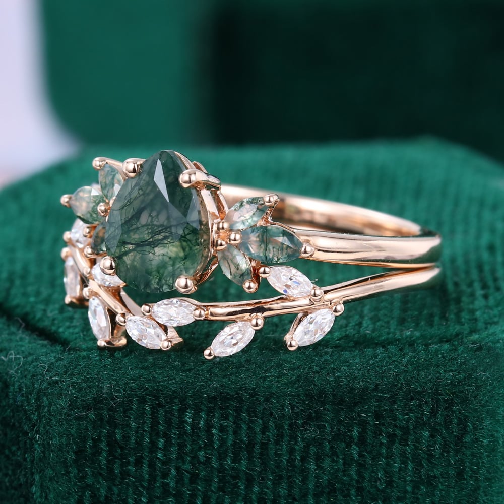 Pear Cut Moss Agate and Moissanite Wedding Ring Set Nature Inspired Bridal Ring Set