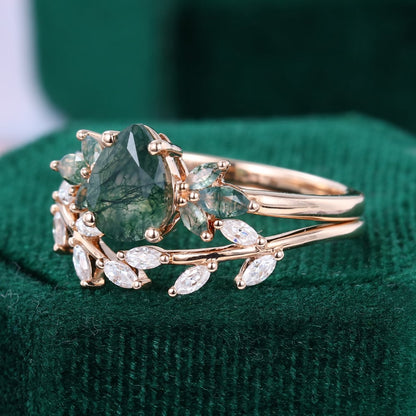 Pear Cut Moss Agate and Moissanite Wedding Ring Set Nature Inspired Bridal Ring Set