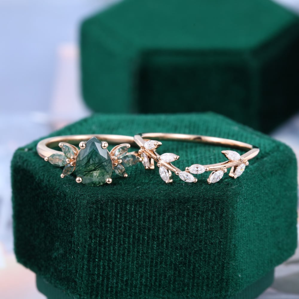 Pear Cut Moss Agate and Moissanite Wedding Ring Set Nature Inspired Bridal Ring Set