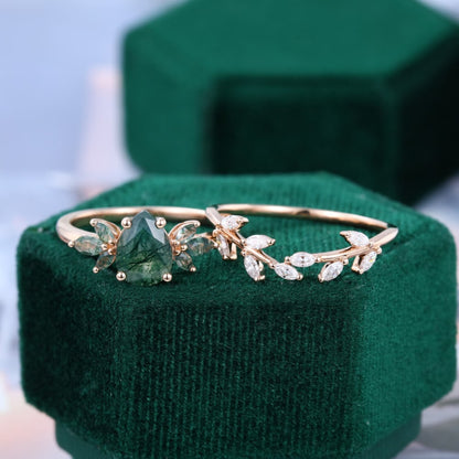 Pear Cut Moss Agate and Moissanite Wedding Ring Set Nature Inspired Bridal Ring Set