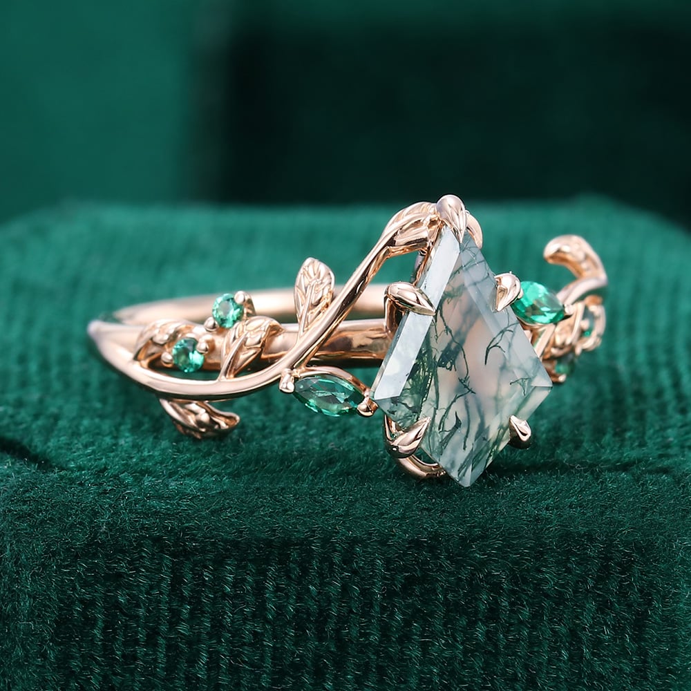 Nature Inspired Kite Cut Moss Agate Promise Ring Emerald Foliage Ring
