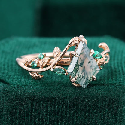 Nature Inspired Kite Cut Moss Agate Promise Ring Emerald Foliage Ring