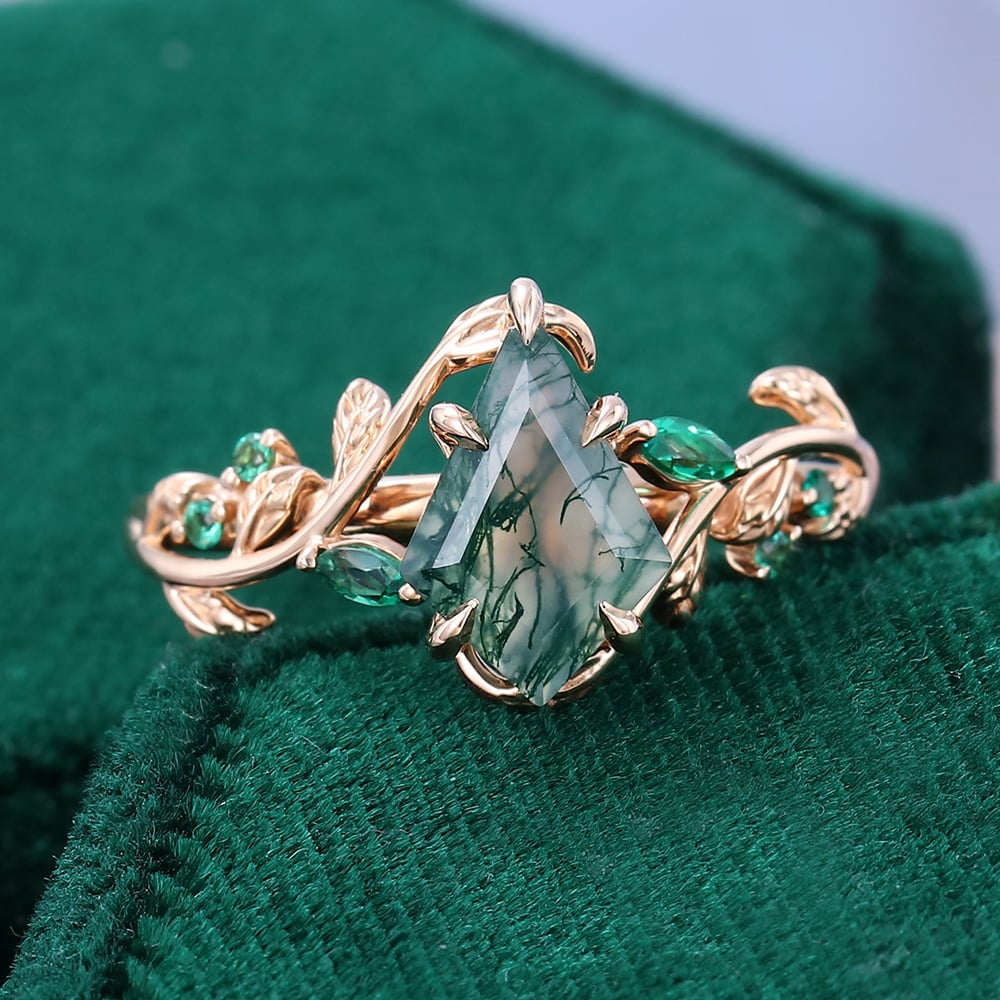 Nature Inspired Kite Cut Moss Agate Promise Ring Emerald Foliage Ring