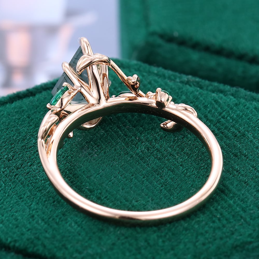 Nature Inspired Kite Cut Moss Agate Promise Ring Emerald Foliage Ring