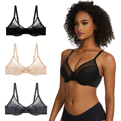 Enchante Floral Lace Unlined BreathableMesh Comfort Non-padded Full Coverage PlusSize Adjustable Straps Underwire Bra