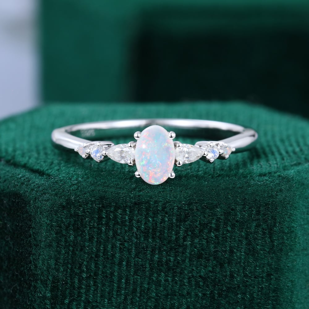 Oval Opal Trio Side Stones Engagement Ring Dainty Promise Ring