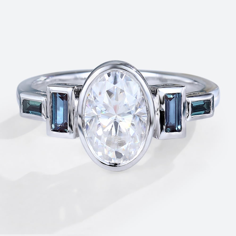 Oval Cut Moissanite Bezel Setting Engagement Ring Baguette Accented Bridal Ring