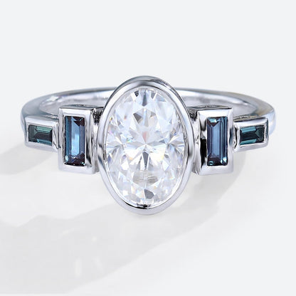 Oval Cut Moissanite Bezel Setting Engagement Ring Baguette Accented Bridal Ring