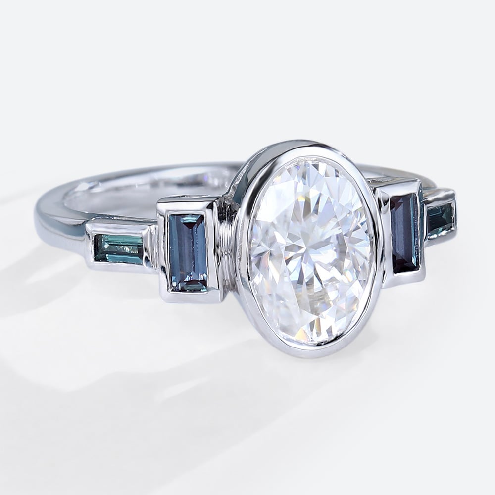 Oval Cut Moissanite Bezel Setting Engagement Ring Baguette Accented Bridal Ring
