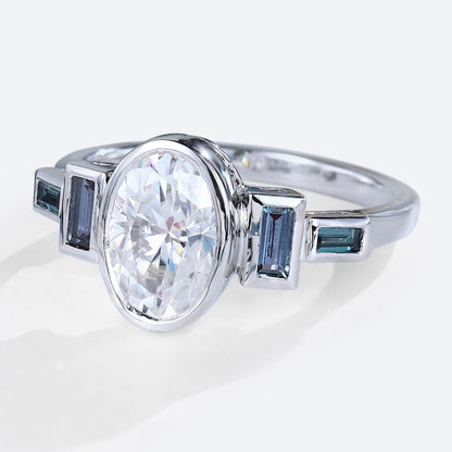 Oval Cut Moissanite Bezel Setting Engagement Ring Baguette Accented Bridal Ring