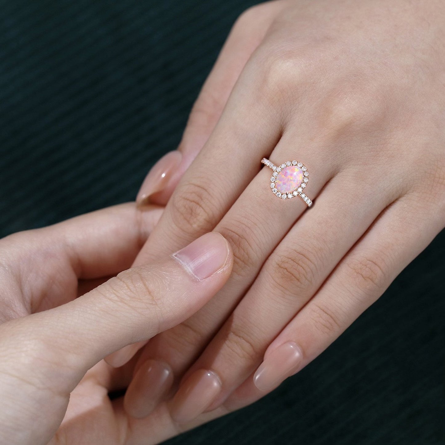 Oval Cut Lab Pink Opal Engagement Ring Moissanite Halo Accented Pavé Ring