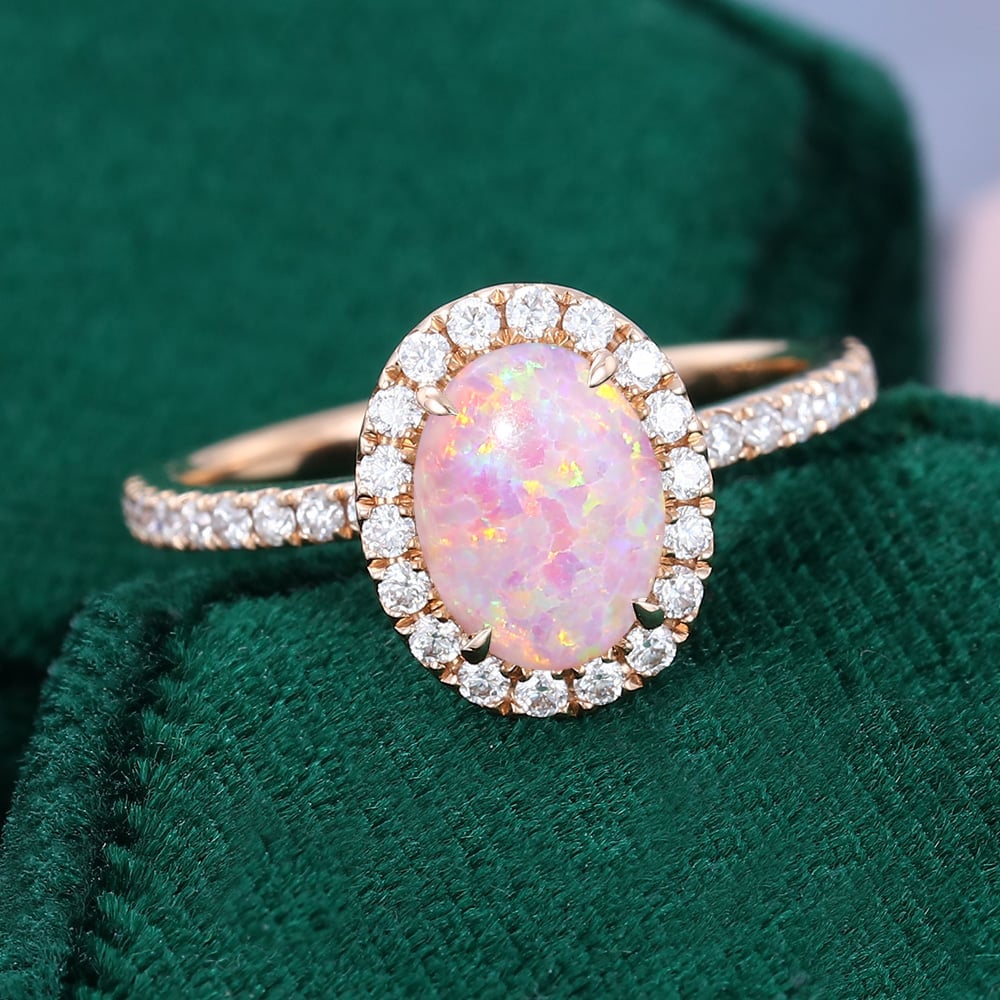 Oval Cut Lab Pink Opal Engagement Ring Moissanite Halo Accented Pavé Ring