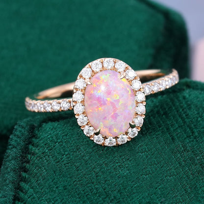 Oval Cut Lab Pink Opal Engagement Ring Moissanite Halo Accented Pavé Ring
