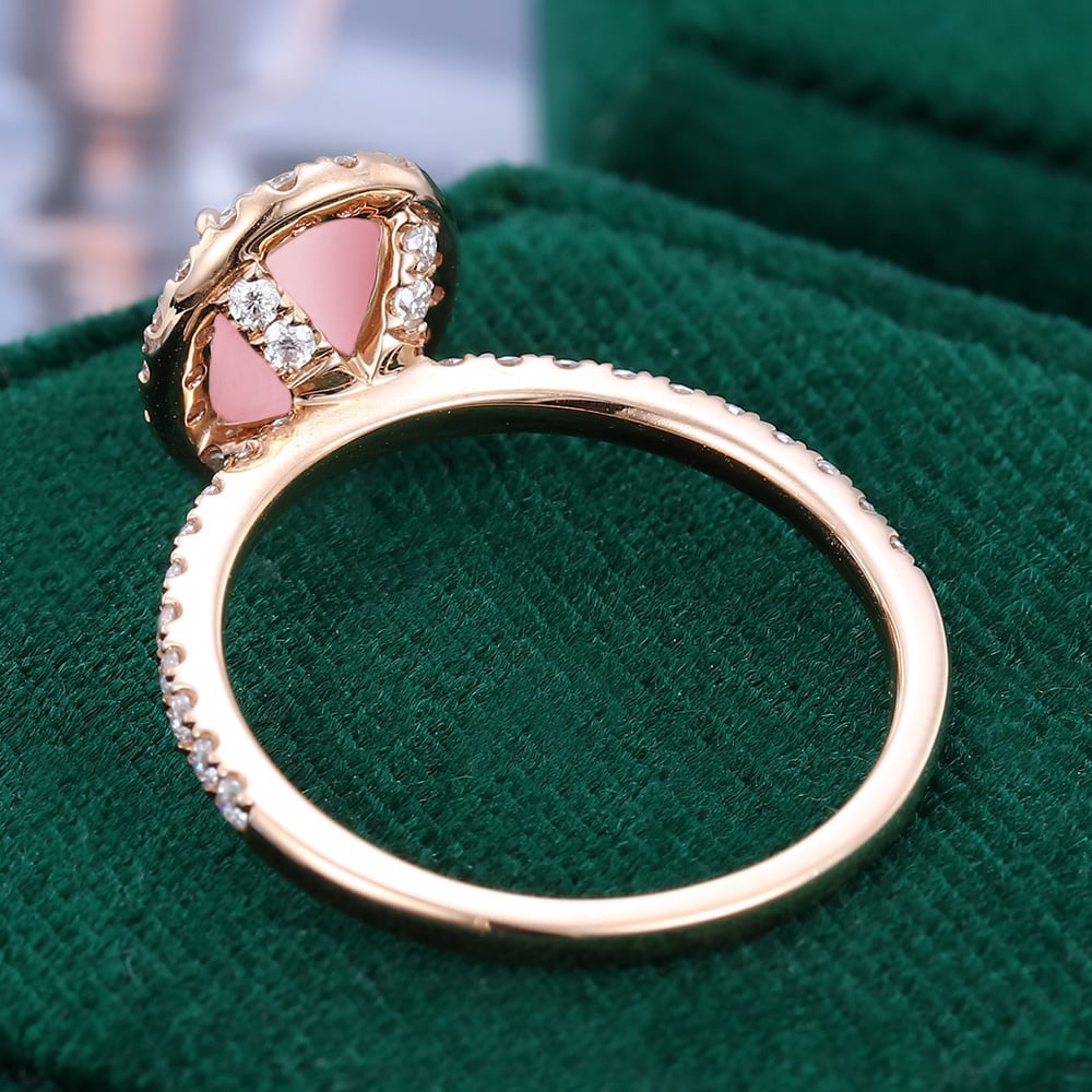 Oval Cut Lab Pink Opal Engagement Ring Moissanite Halo Accented Pavé Ring