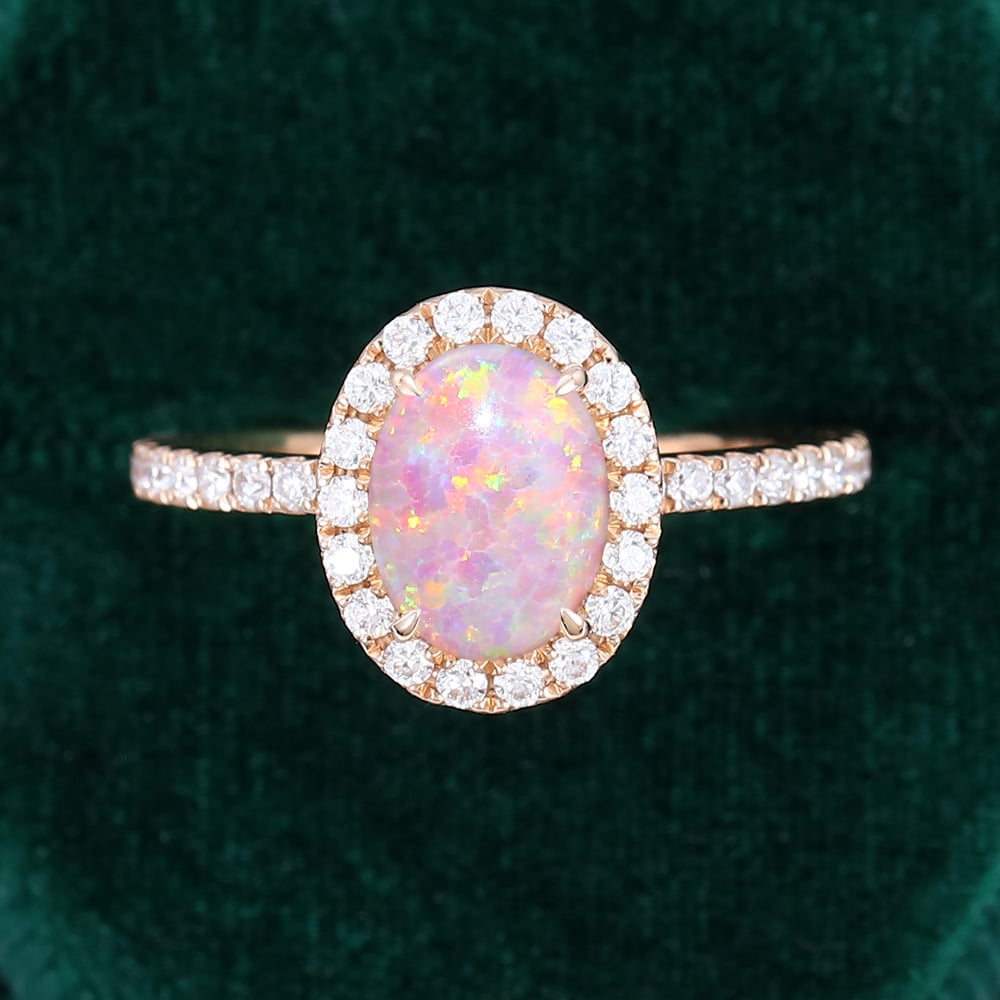 Oval Cut Lab Pink Opal Engagement Ring Moissanite Halo Accented Pavé Ring