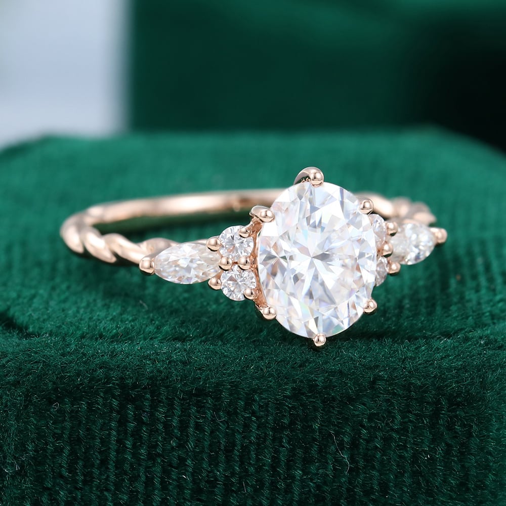 Oval Cut Moissanite Twisted Band Classic Side Stone Engagement Ring