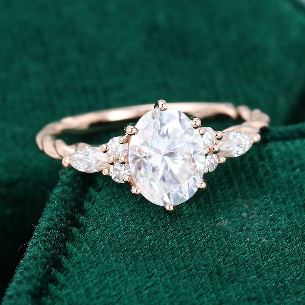 Oval Cut Moissanite Twisted Band Classic Side Stone Engagement Ring