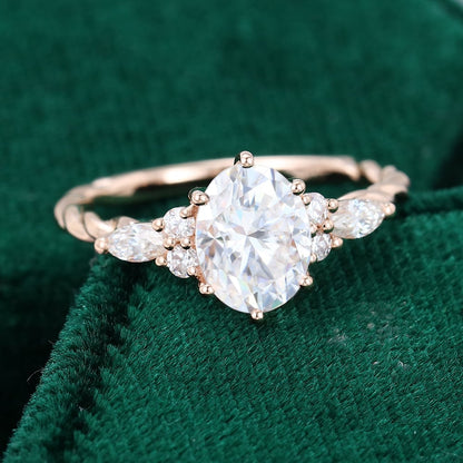 Oval Cut Moissanite Twisted Band Classic Side Stone Engagement Ring