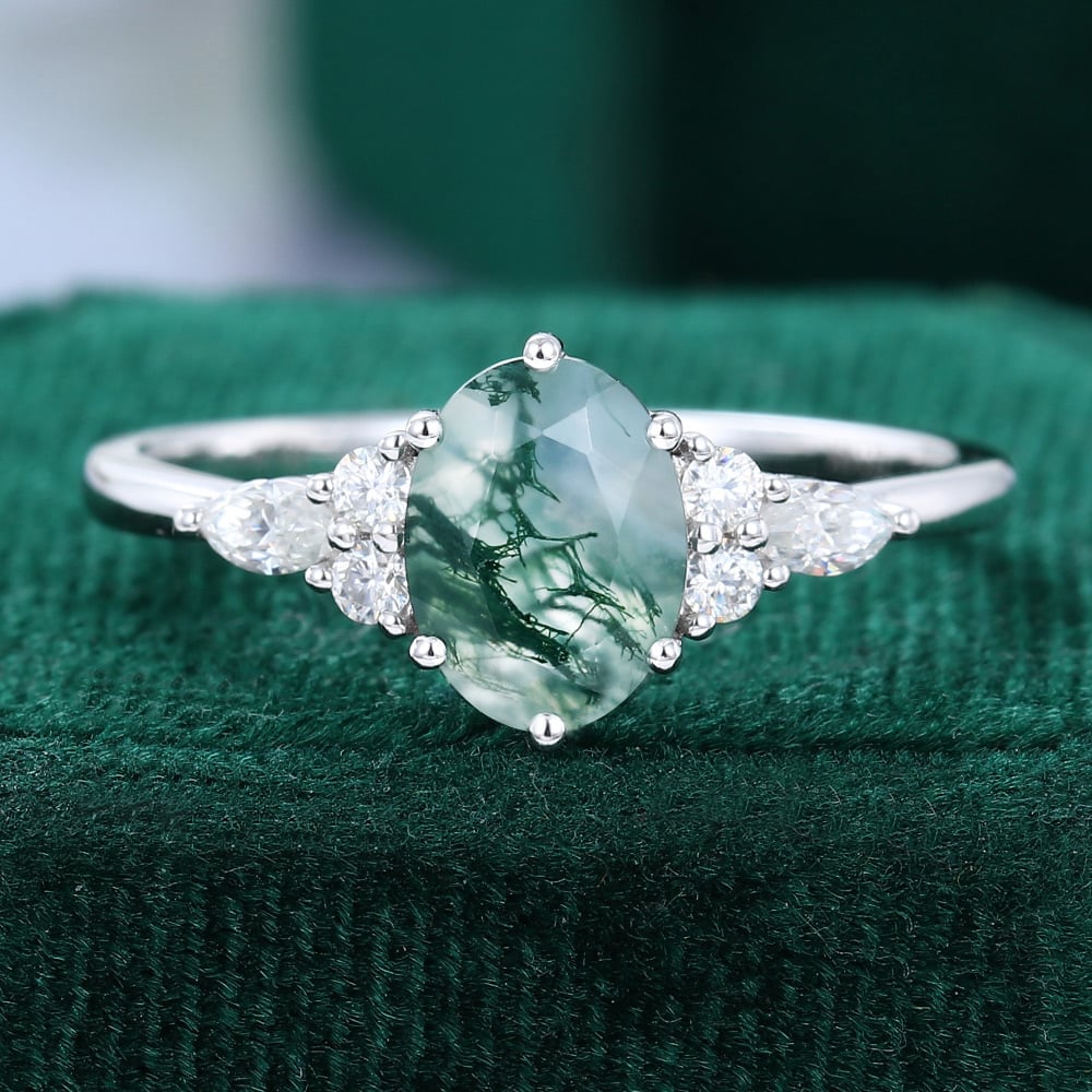 Oval Cut Moss Agate Classic Side Stone Promise Ring