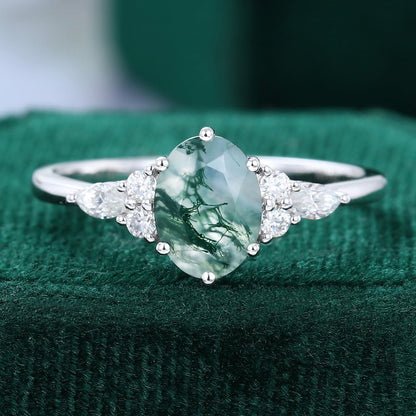 Oval Cut Moss Agate Classic Side Stone Promise Ring
