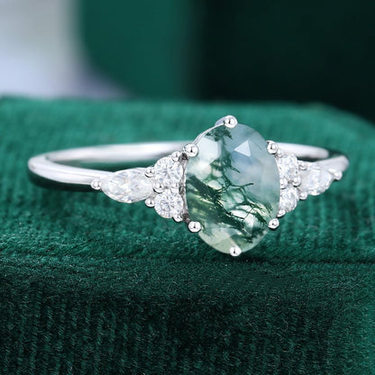 Oval Cut Moss Agate Classic Side Stone Promise Ring