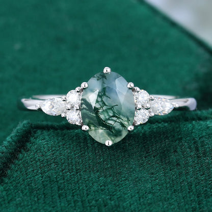 Oval Cut Moss Agate Classic Side Stone Promise Ring