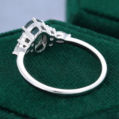 Oval Cut Moss Agate Classic Side Stone Promise Ring